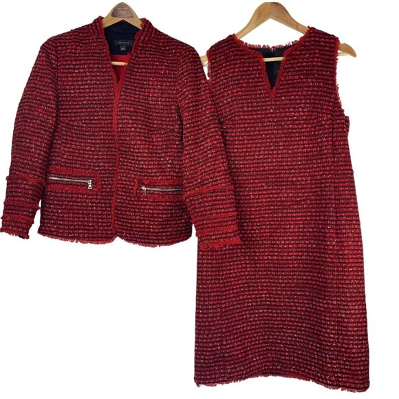 Ann Taylor Red Metallic Tweed Dress & Jacket Suit Set 6 Tall NWT - Picture 2 of 16